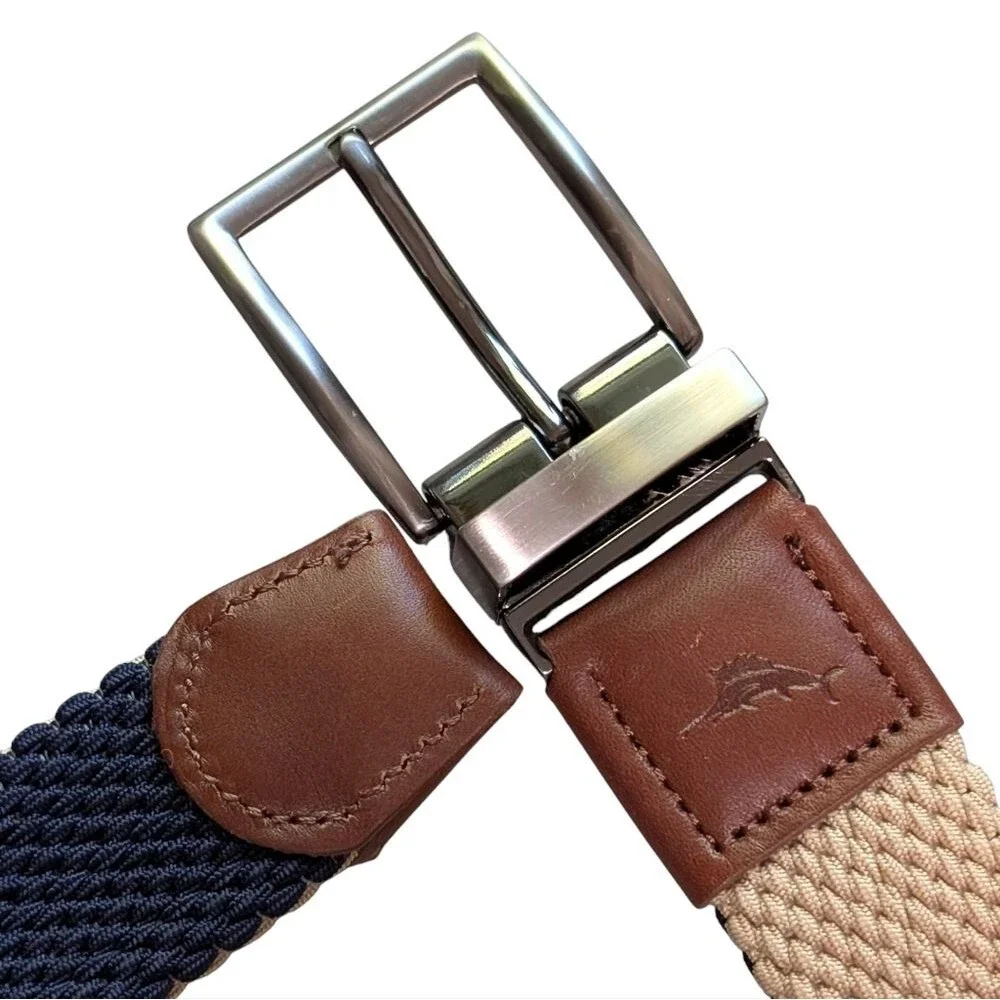 Tommy Bahama Reversible Stretch Cord Belt leather trim navy khaki men's L/XL